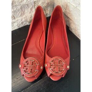Tory Burch Amanda Orange Red Leather Wedge Shoes Size 9.5